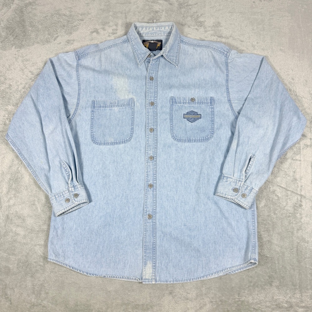 Harley Davidson Mens XL Denim Button Down Shirt Light Wash